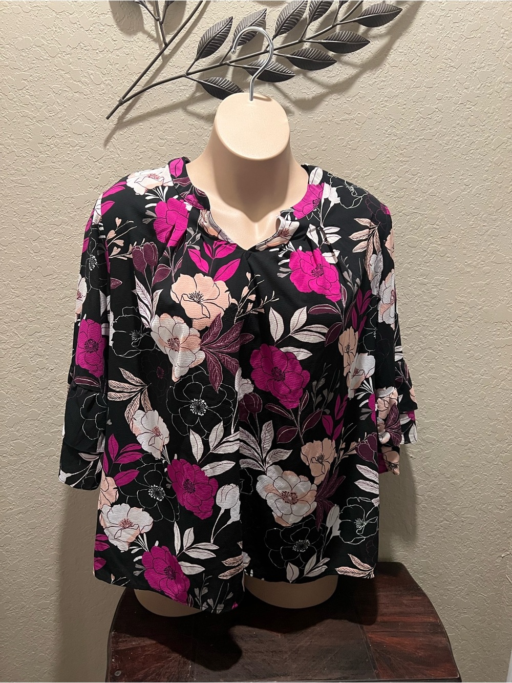 NY Collection Black Blouse with Fuchsia & Cream Floral Print